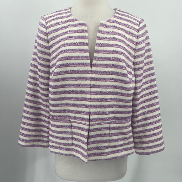 Talbots Striped Tweed Blazer Jacket Cotton Blend Collarless White Purple Pink 16 - Picture 2 of 8